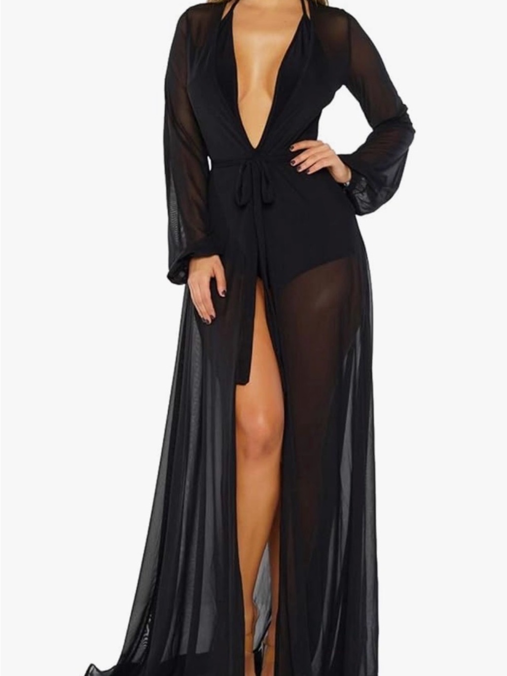 Sheer Black Long Swim Coverup with Tie Waist